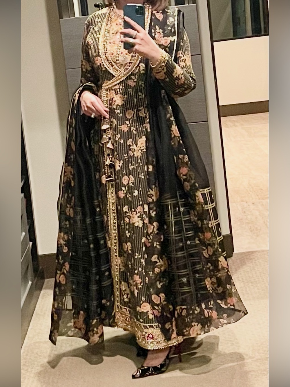 Black Floral Maxi Dress with Gold Embellishment